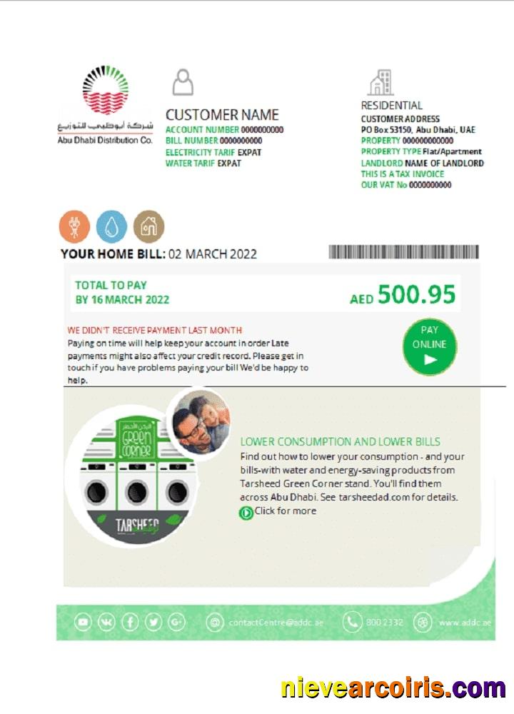 UAE Abu Dhabi Distribution Co utility bill